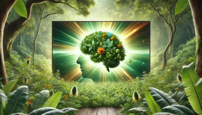 Ashwagandha and bacopa herbs forming the shape of a human brain in a lush forest with ethereal light beams, illustrating the harmony of nature and brain vitality.