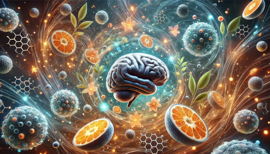 Microscopic brain cells immersed in glowing botanical compounds from ashwagandha and bacopa, depicting cellular-level anti-aging and cognitive enhancement through herbal medicine.