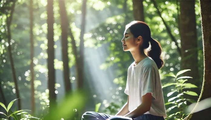 A young woman meditating in a peaceful forest during sunrise, symbolizing mindfulness and natural anxiety relief through deep breathing and connection with nature.