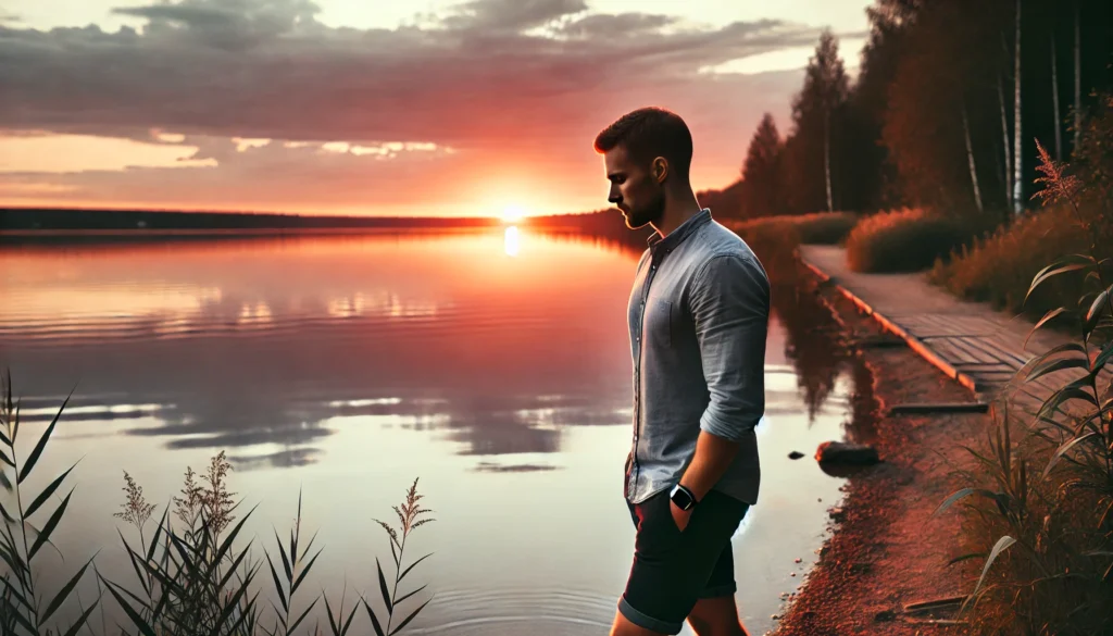 A man walking alone beside a calm lake at sunset, reflecting tranquility, emotional detachment, and mental clarity as part of stress management strategies.