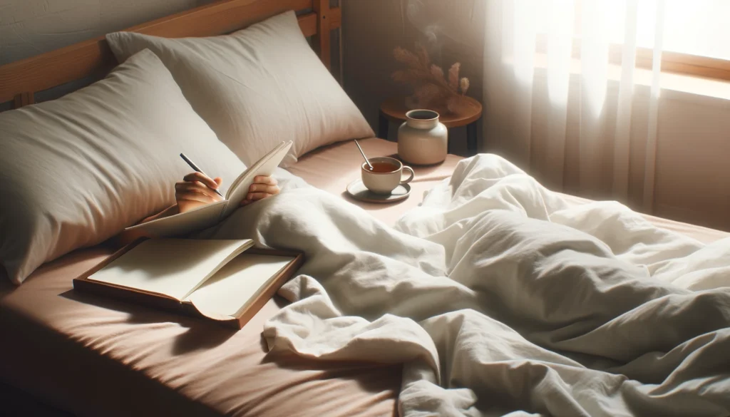 A cozy bedroom scene with a person journaling in bed with a warm drink, representing emotional processing, sleep hygiene, and anxiety reduction through daily reflection.