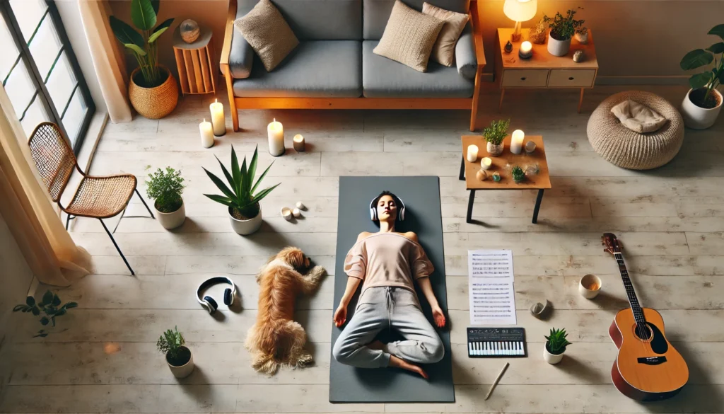 Overhead view of a person lying on a yoga mat with headphones, surrounded by plants and candles, showcasing the calming effects of music therapy and mindfulness for anxiety.