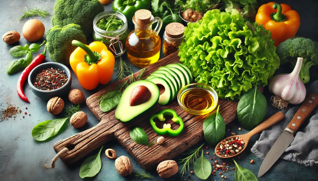 A wholesome kitchen scene with fresh vegetables, nuts, and herbs spread on a rustic counter, featuring a wooden cutting board with chopped bell peppers, avocado slices, and leafy greens, surrounded by olive oil and spices.