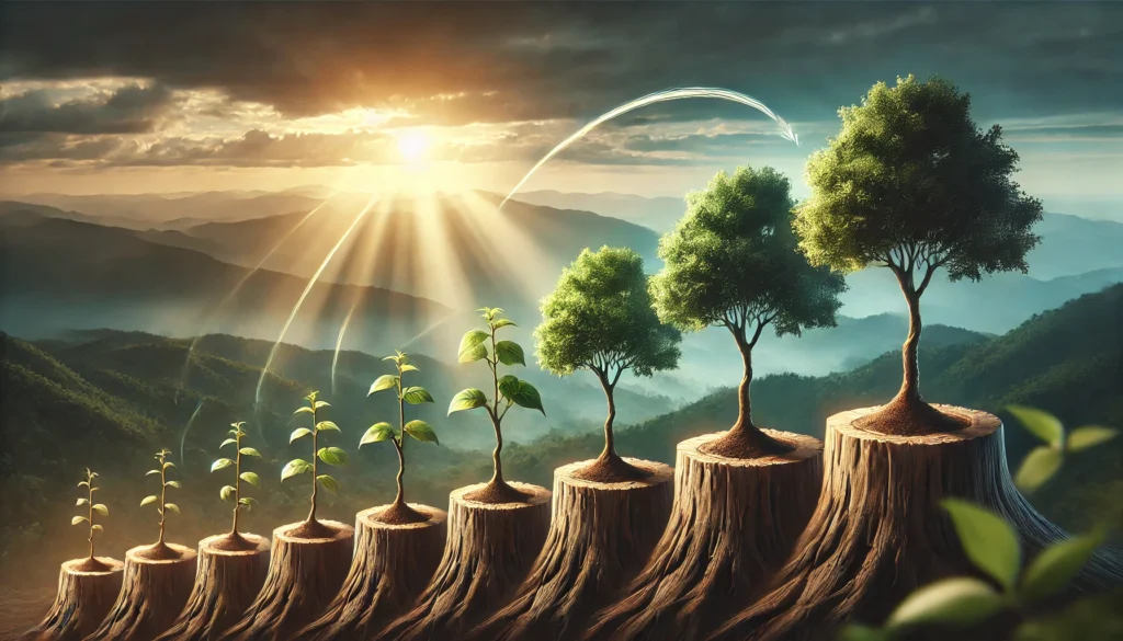 A time-lapse representation of a small sapling growing into a strong tree, with different stages of growth aligned in a row. The image symbolizes how small, consistent efforts lead to long-term personal development and transformation.