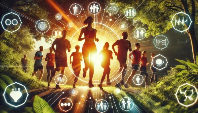 A diverse group of people jogging together in a lush park during sunrise, symbolizing teamwork, positivity, and an active lifestyle. The morning light highlights their movement and athletic clothing, representing healthy habits and social well-being.