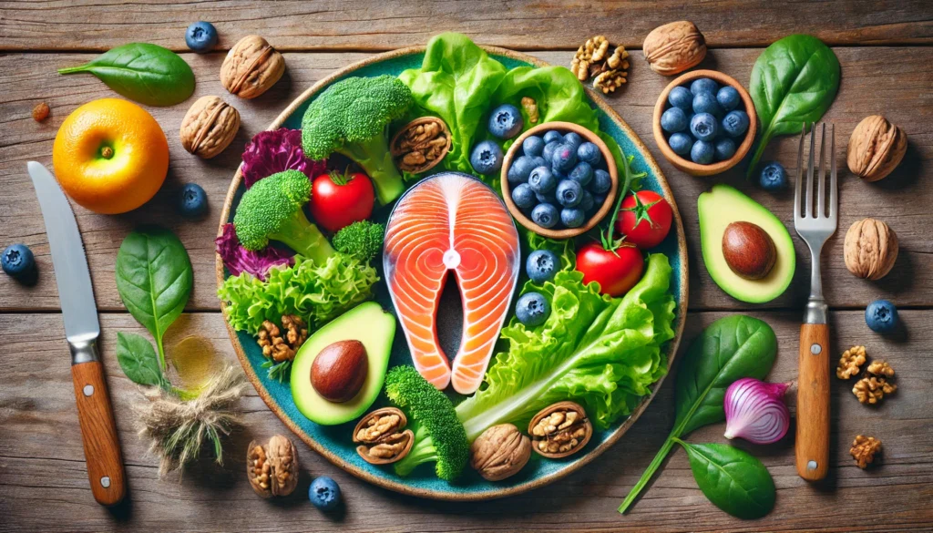 A vibrant plate of heart-healthy foods including salmon, avocado, walnuts, blueberries, and leafy greens, arranged beautifully on a wooden table. The fresh ingredients symbolize a balanced and nutritious diet that supports cardiovascular wellness.