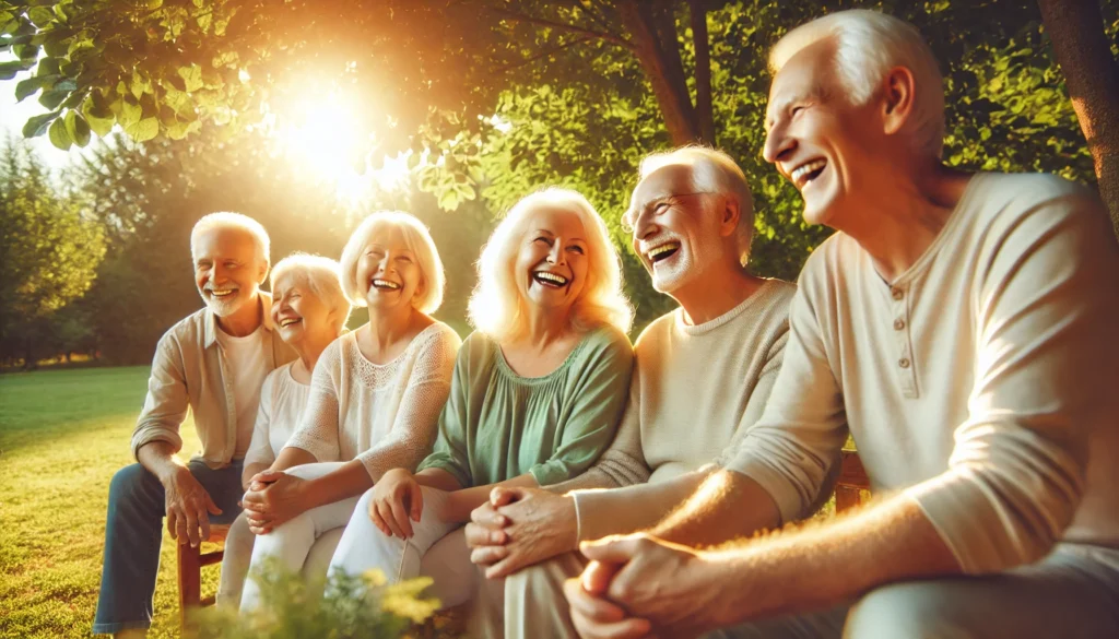 A group of elderly friends sitting together in a sunny park, laughing and enjoying each other's company. The image reflects the longevity, happiness, and quality of life that come with maintaining good health.
