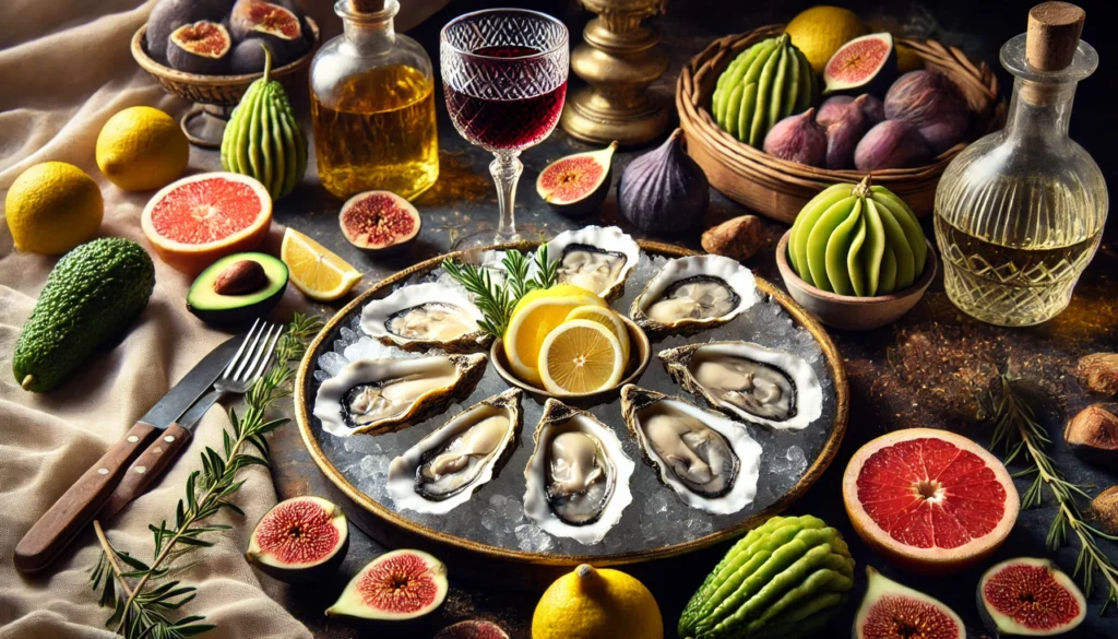 A fresh oyster platter on a bed of ice, garnished with lemon wedges and surrounded by figs, avocados, and a glass of red wine. The elegant and luxurious presentation highlights foods known for their aphrodisiac properties, supporting libido health naturally.
