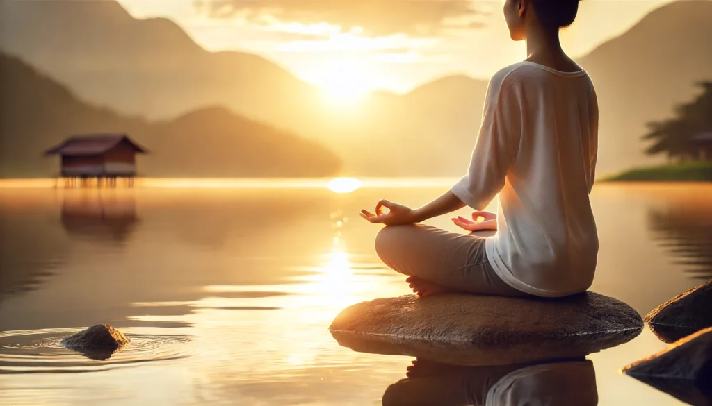A serene individual sitting cross-legged on a rock by a peaceful lake, meditating at sunrise. The image represents the mental clarity, focus, and inner peace that come with good health.