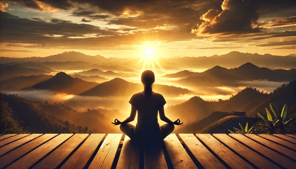 A person sitting cross-legged on a peaceful mountaintop, meditating as the sun rises. The image represents mindfulness and mental well-being as key aspects of a healthy lifestyle.