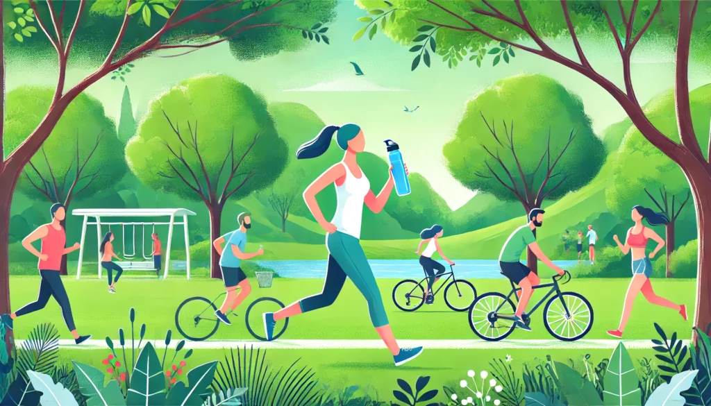A person jogging in a lush green park with a water bottle in hand, while others cycle and walk nearby. The fresh air, trees, and open space highlight the importance of physical activity and maintaining an active lifestyle.