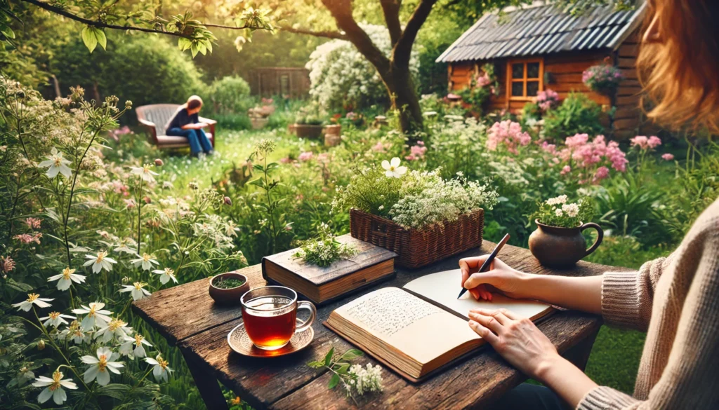 A serene outdoor scene with a person writing in a diary while sitting in a lush garden. A cup of herbal tea rests on a wooden table beside an open journal, surrounded by blooming flowers, fostering relaxation, reflection, and gratitude for well-being.