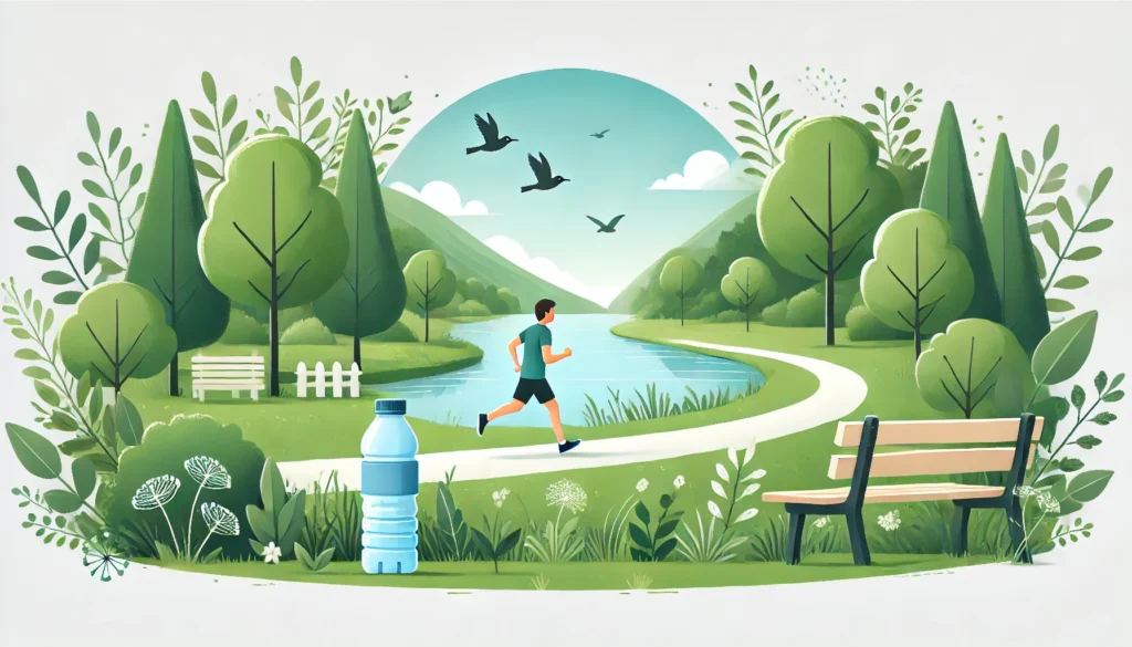 A scenic park trail where a person is jogging, surrounded by lush greenery. A water bottle rests on a bench nearby, while birds fly in the distance, creating a peaceful and invigorating atmosphere that symbolizes the benefits of regular exercise.