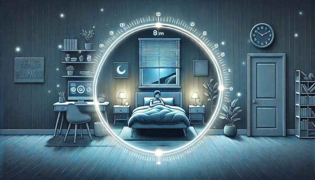 A serene bedroom at night with a person sleeping soundly in a cozy bed. Soft lighting, a neatly arranged space, and a digital clock showing an early bedtime symbolize good sleep hygiene and overall wellness, emphasizing the importance of rest for a healthy lifestyle.