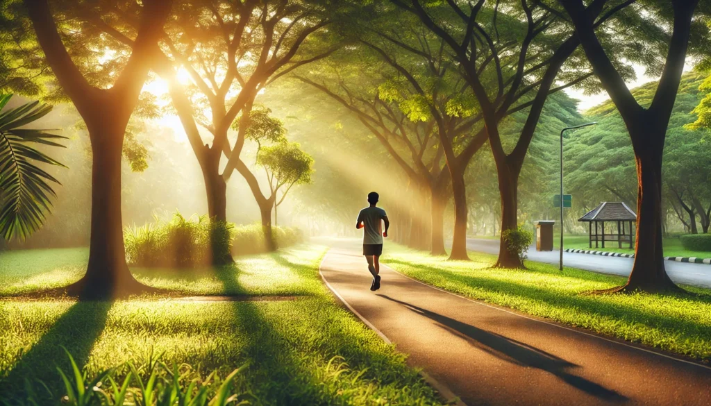 A person jogging along a peaceful park path surrounded by lush trees and soft morning sunlight, creating an energizing and healthy start to the day.