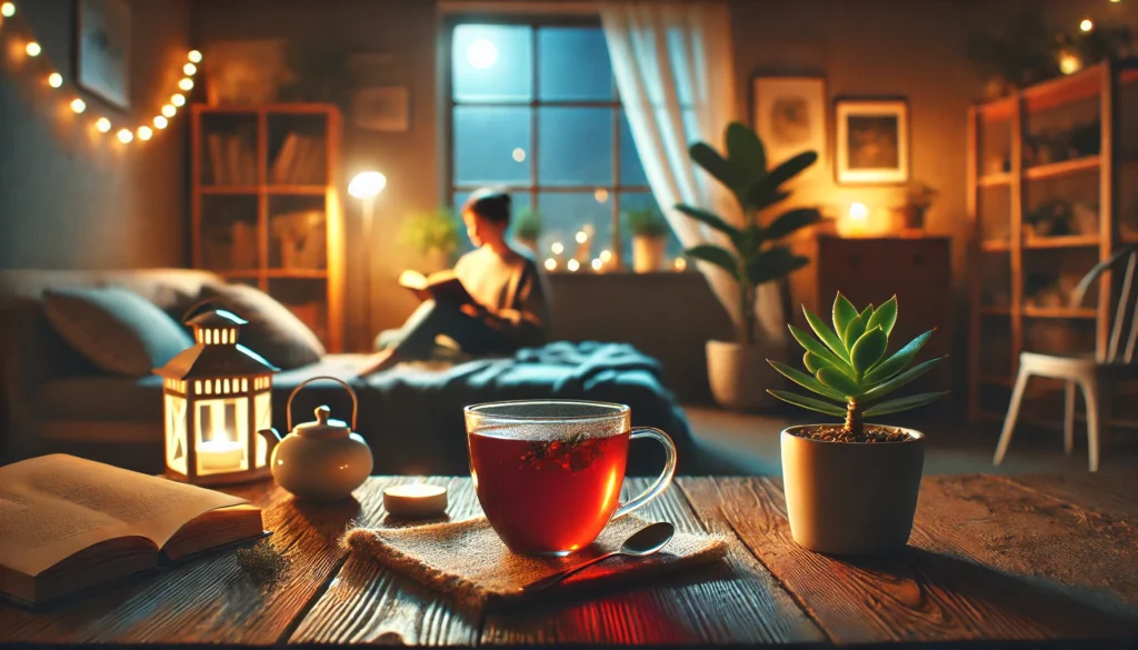 A cozy and peaceful evening setup with a cup of herbal tea on a wooden table, a dimly lit room with soft lighting, a person reading a book on a comfortable chair, and a small indoor plant. The ambiance promotes relaxation, stress relief, and mental well-being.