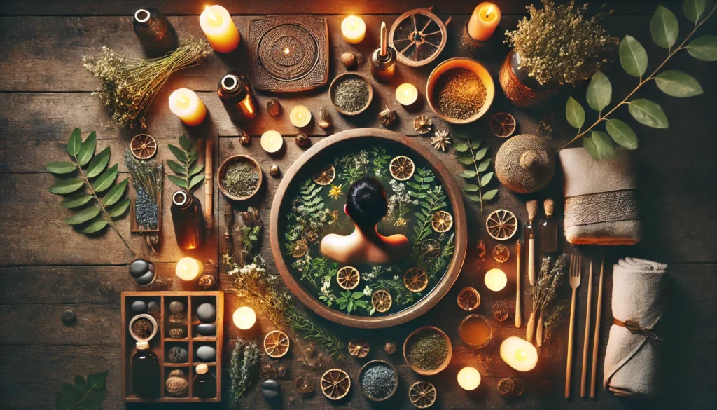 A tranquil spa scene featuring a person soaking in a warm herbal bath surrounded by candles and natural elements. Steam rises gently, creating a serene atmosphere that embodies relaxation, self-care, and mental well-being for a balanced and healthy lifestyle.