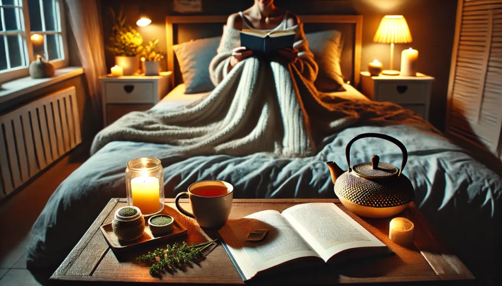 A cozy bedroom with dim lighting, a cup of herbal tea on a bedside table, and a person reading a book under a soft blanket. The peaceful ambiance encourages good sleep habits, relaxation, and stress relief.