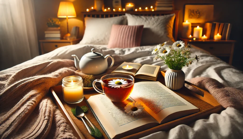 A cozy bedroom setting with a cup of chamomile tea, an open book, and soft ambient lighting, with a neatly made bed enhancing relaxation and wellness before sleep.