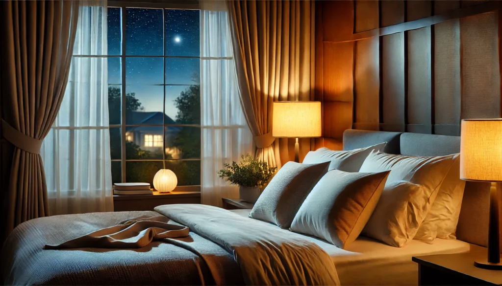 A cozy bedroom with soft lighting, a neatly made bed, and a tranquil nighttime ambiance. The image conveys the importance of restful sleep for overall health and well-being.
