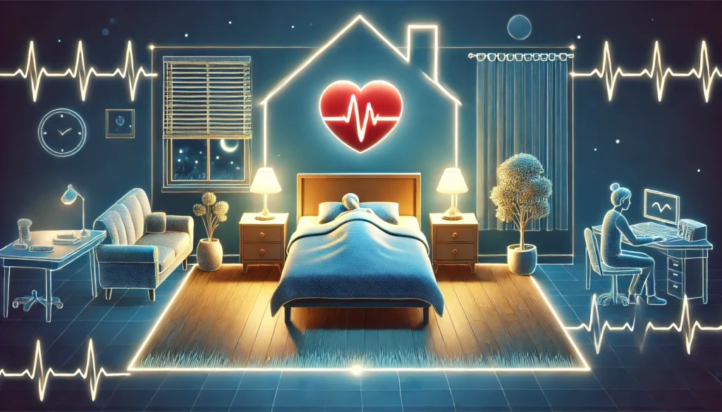 A cozy bedroom at night with a person peacefully sleeping in a comfortable bed. The room has soft ambient lighting, a neatly arranged space, and a relaxing atmosphere, symbolizing the importance of quality sleep for cardiovascular well-being.