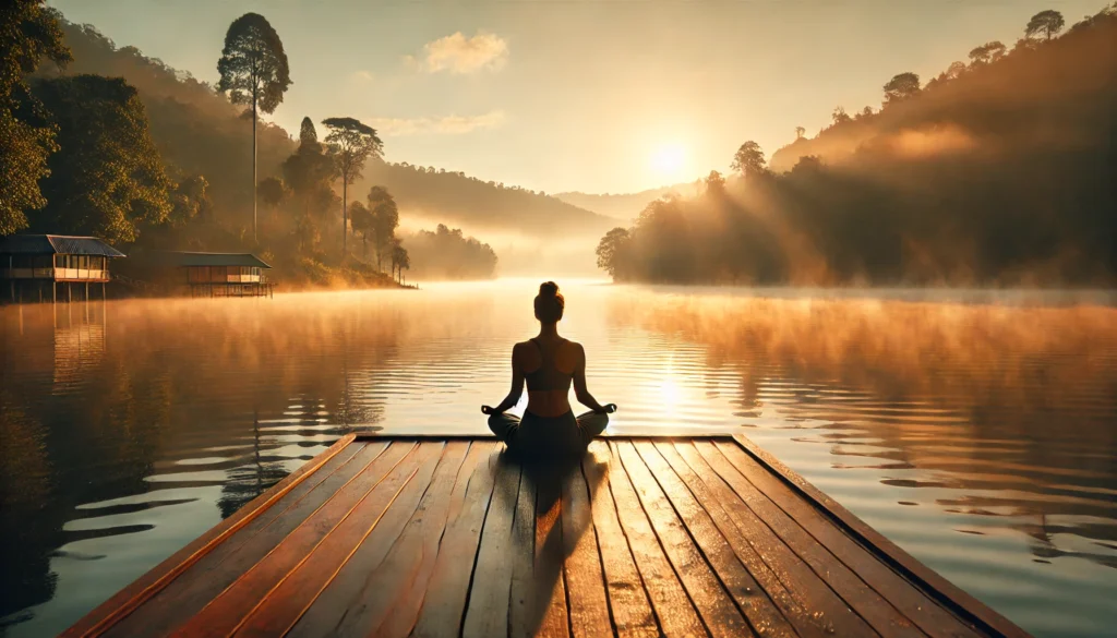 A person practicing yoga in a meditative lotus position on a wooden deck overlooking a calm lake at sunrise, with golden morning light and mist rising from the water.