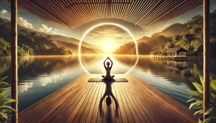 A woman practicing yoga on a wooden deck overlooking a serene lake at sunrise. The calm water reflects the golden hues of the sky, and the lush greenery enhances the peaceful ambiance, symbolizing balance, mindfulness, and a deep connection with nature.