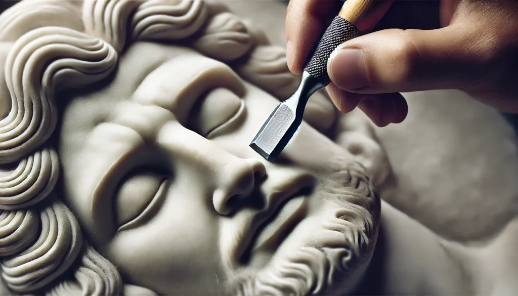 A close-up of a chisel gradually shaping a marble statue, with fine details forming over time. The image represents how small, repeated efforts refine and shape success through persistence and habit formation.