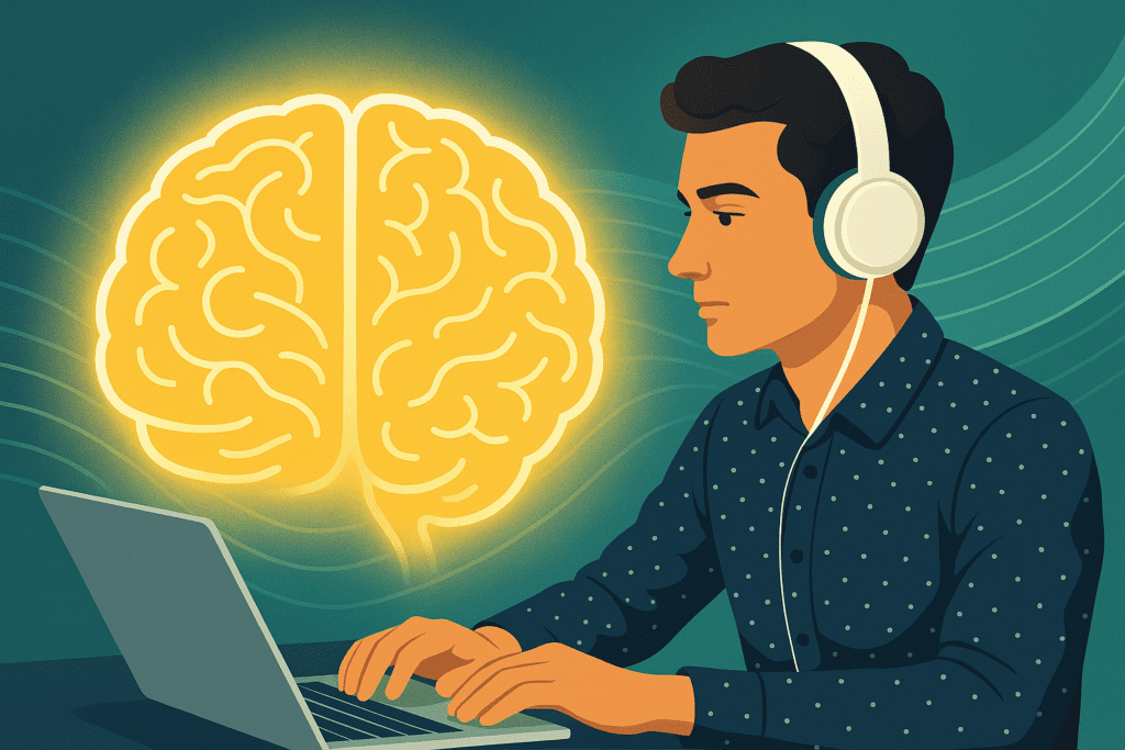 An illustrated young man wearing headphones types on a laptop while a glowing brain floats nearby, representing how instrumental music supports focus and boosts brain performance.