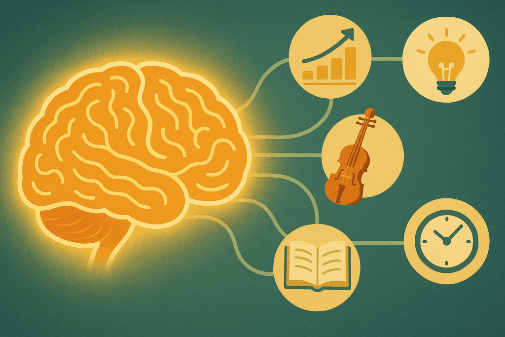 A glowing brain connected to icons of a violin, lightbulb, book, clock, and growth chart, visually expressing how instrumental music enhances cognition, creativity, memory, and productivity.