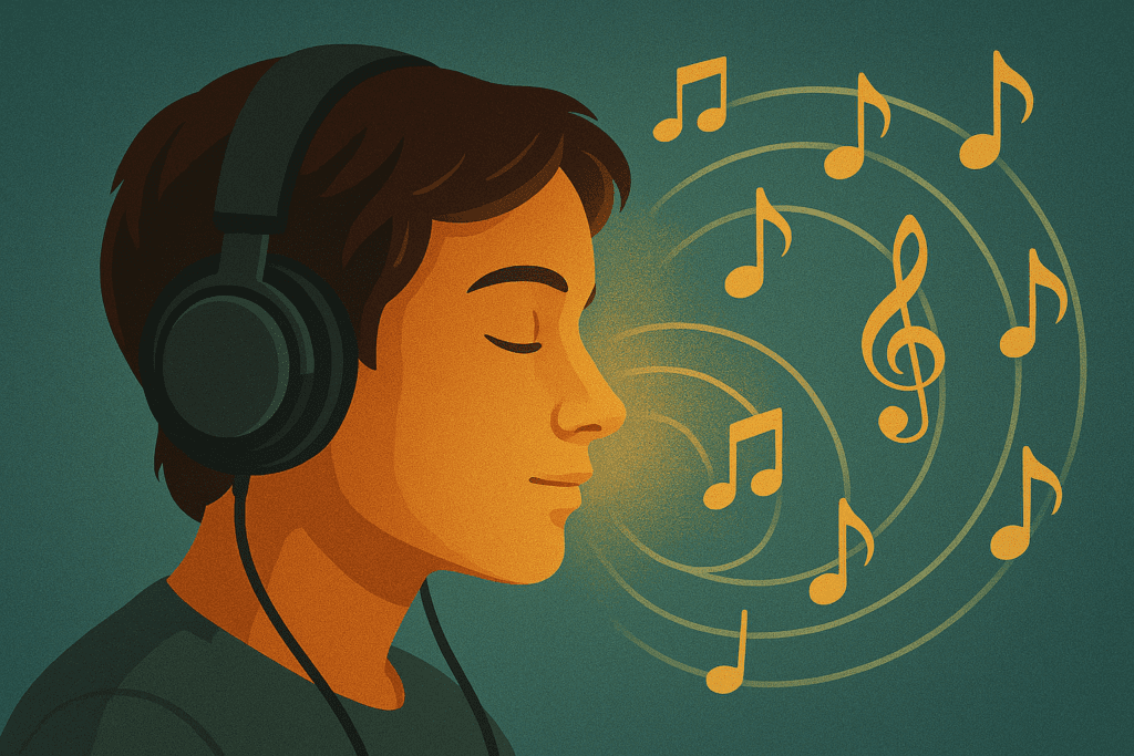 A peaceful young person with eyes closed listens to instrumental music through headphones, while a glowing brain and musical notes emphasize cognitive benefits and mental clarity.