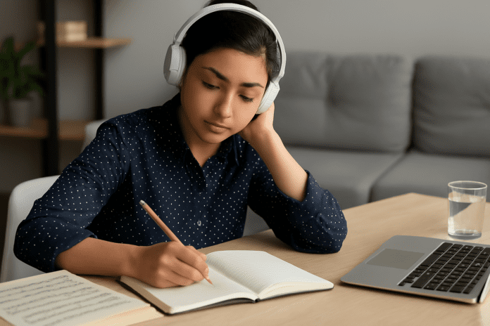 A young woman wearing headphones studies at a desk with focused expression, symbolizing how instrumental music can enhance concentration and academic performance.