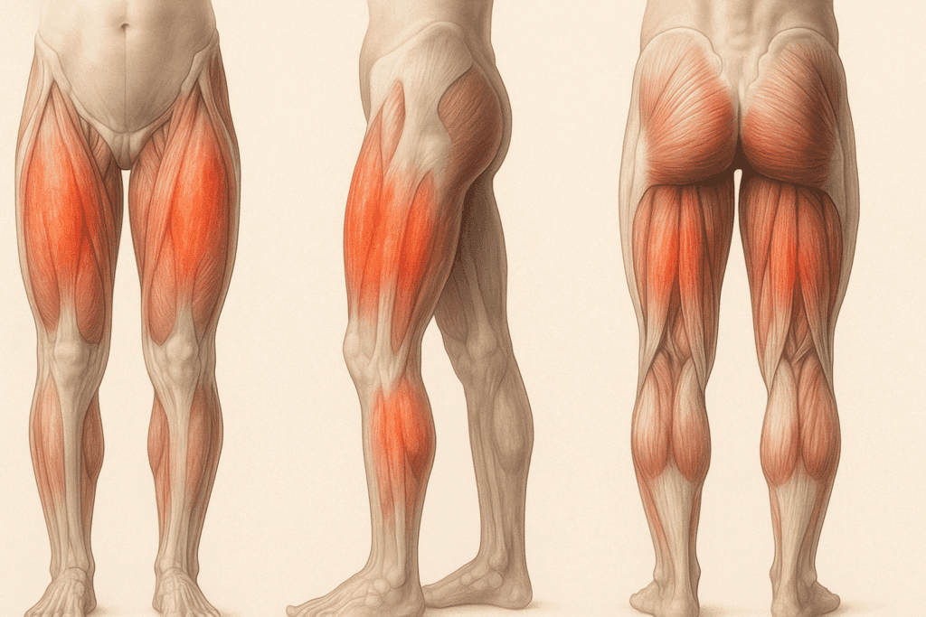 Medical illustration of thigh muscles highlighting soreness and tightness to show the best stretches for sore legs.