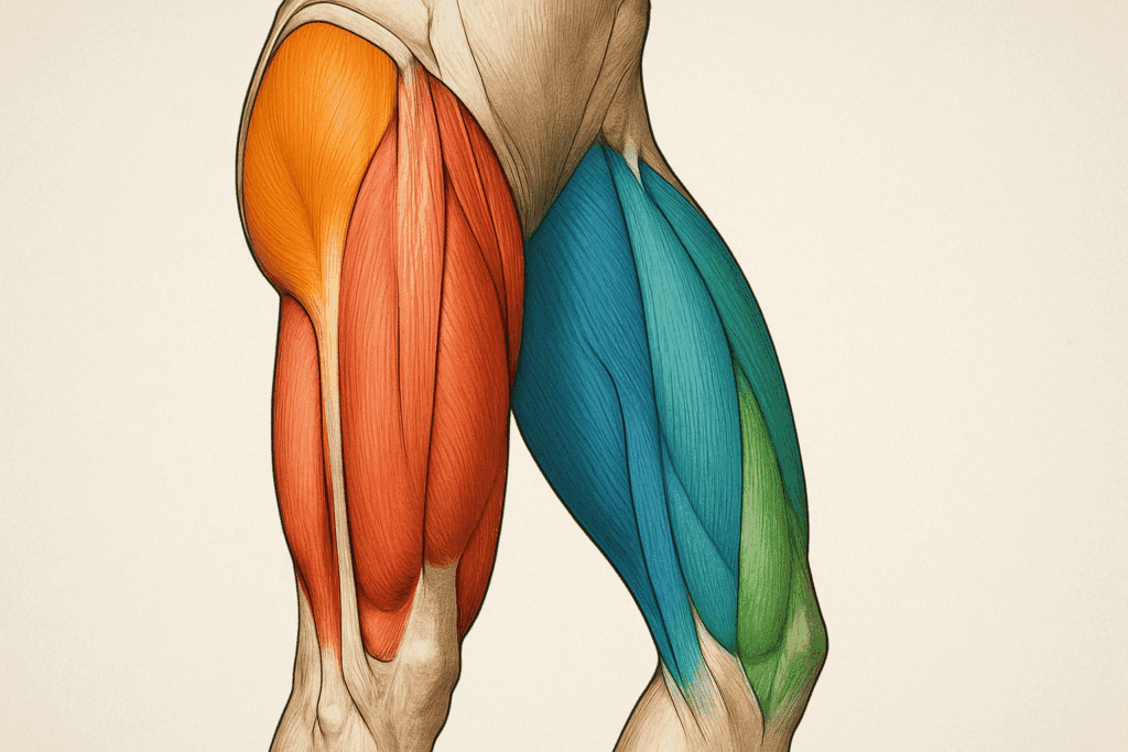 Color-coded anatomical illustration of thigh muscles including quadriceps, hamstrings, adductors, and tensor fasciae latae, highlighting key areas targeted by the best stretches for sore legs