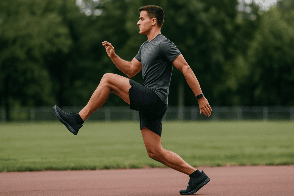 Athletic man performing a dynamic leg swing on a track field as part of the best stretches for sore legs before exercise.