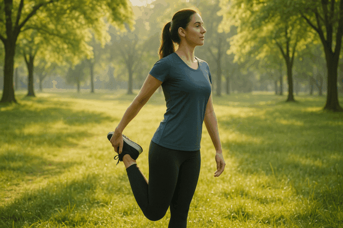 Woman doing a standing quadriceps stretch in a sunny park, demonstrating one of the best stretches for sore legs