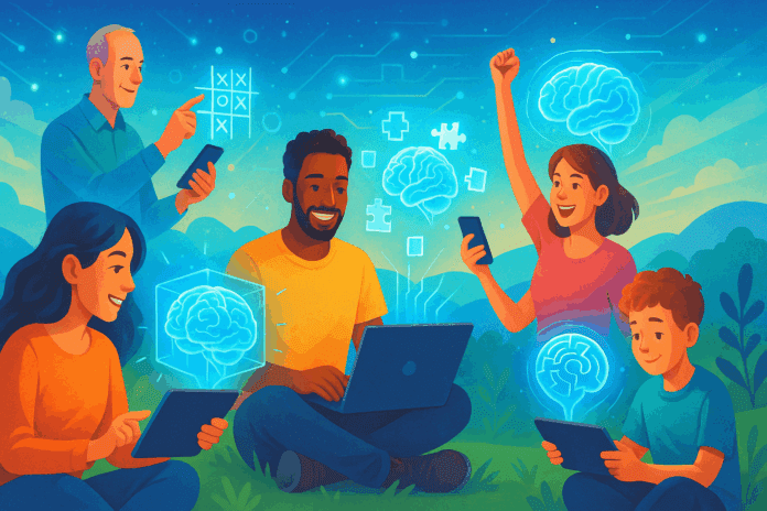 Five diverse individuals, including adults and children, engaging with futuristic brain games projected from devices like smartphones, tablets, and laptops in a digital landscape. The image symbolizes cognitive training, mental growth, and the power of brain games online for focus enhancement.