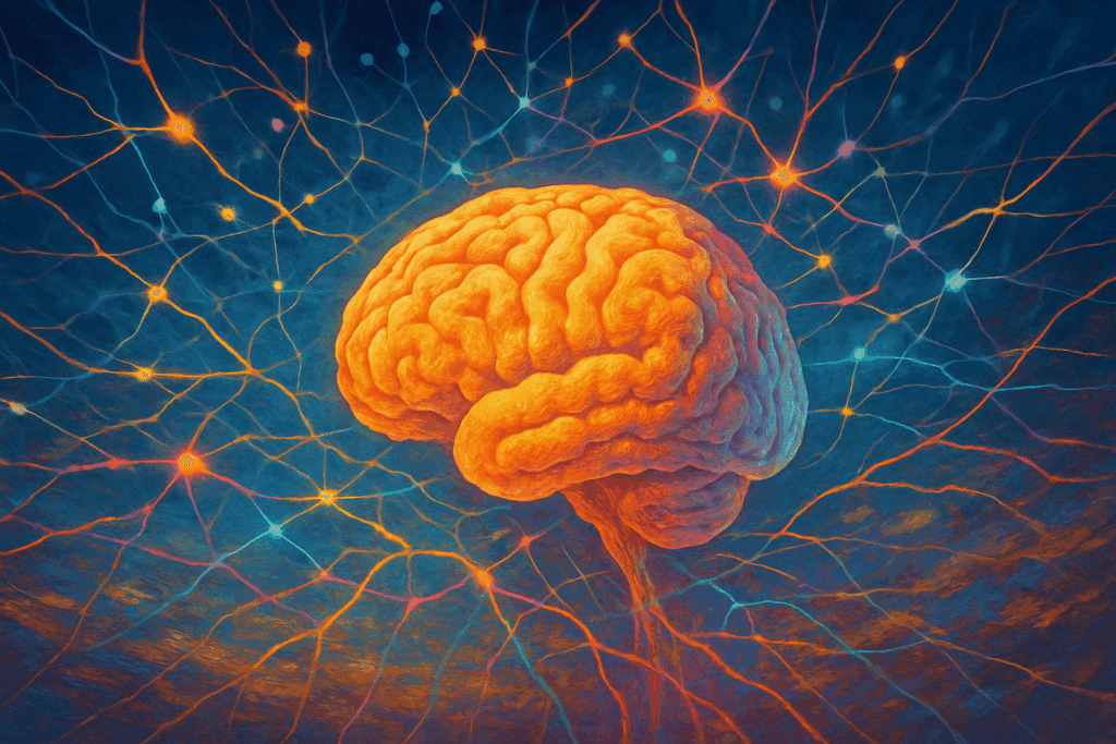 Abstract artistic illustration of a human brain with glowing neural networks and colorful pathways symbolizing neuroplasticity, inspiring cognitive growth for thefree brain games online