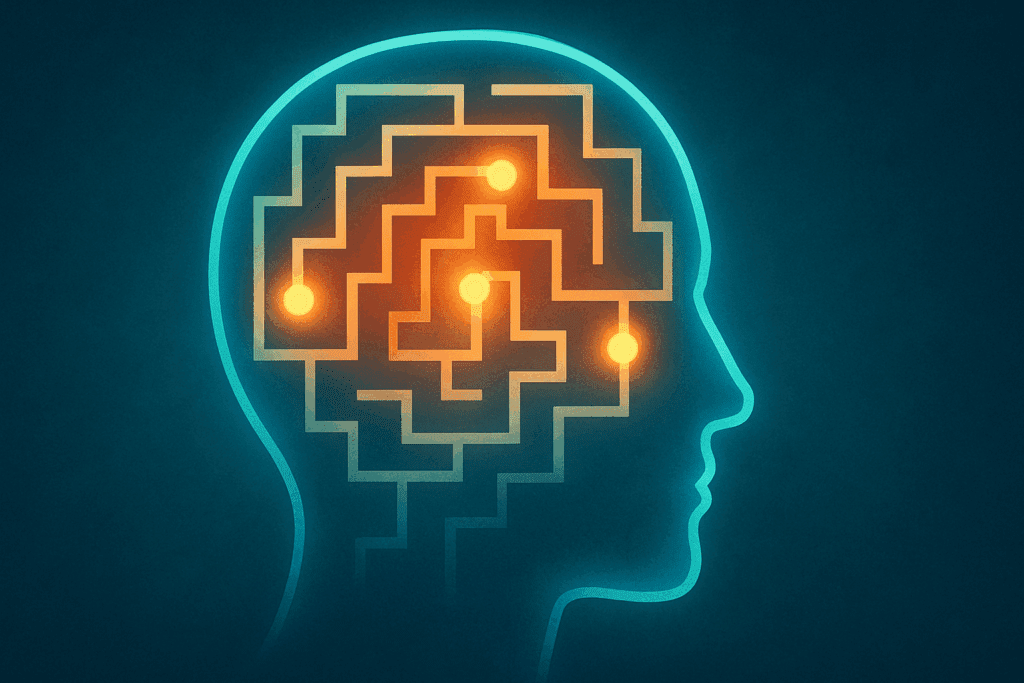 Conceptual illustration of a translucent human head silhouette with a glowing memory maze inside, symbolizing cognitive enhancement through free brain games online