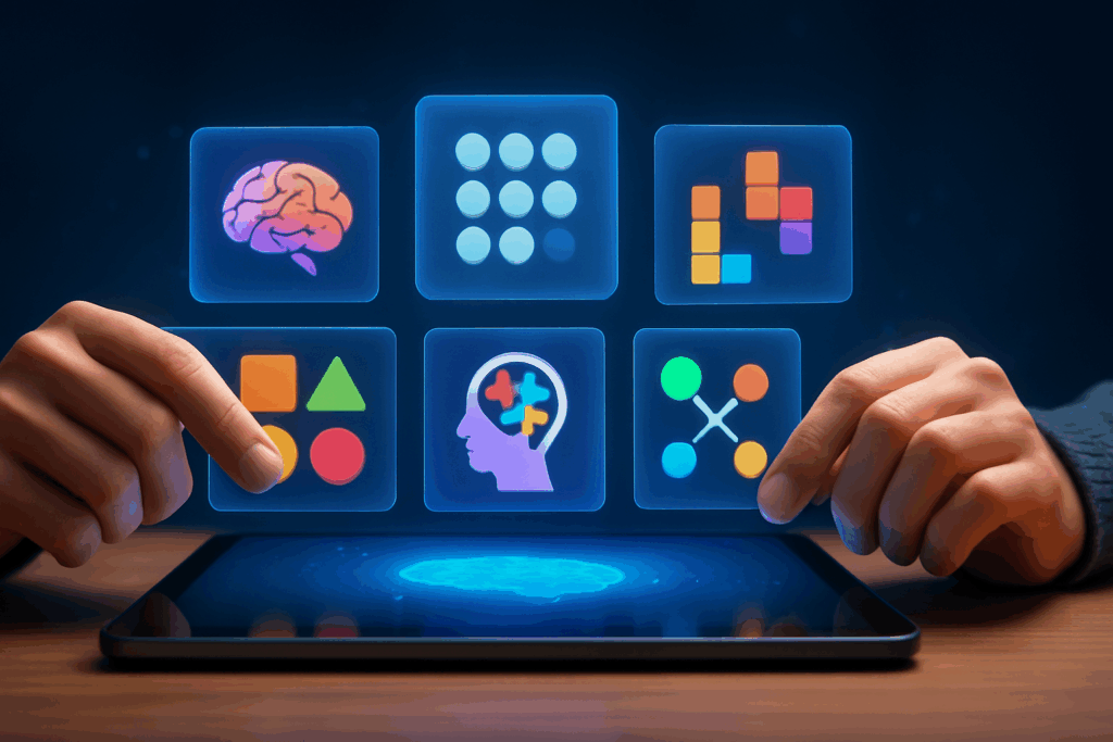 Hands interacting with a futuristic tablet interface displaying colorful holographic cards representing free brain games online.