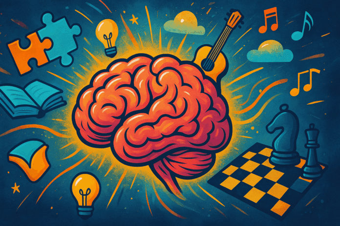 A vibrant, dynamic illustration of a brain surrounded by symbols representing cognitive activities such as puzzles, books, music, and strategy games, symbolizing the power to Boost Brain Power Naturally through mental exercise.