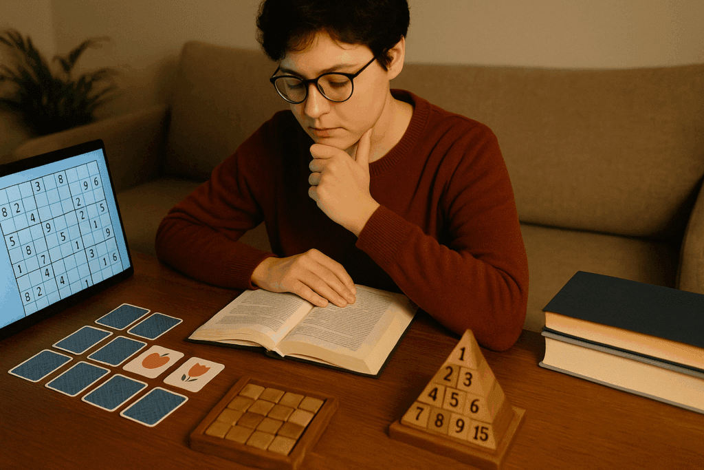Person engaged in cognitive activities like reading a book, solving puzzles, and playing memory games in a cozy, focused environment to boost brain power naturally.