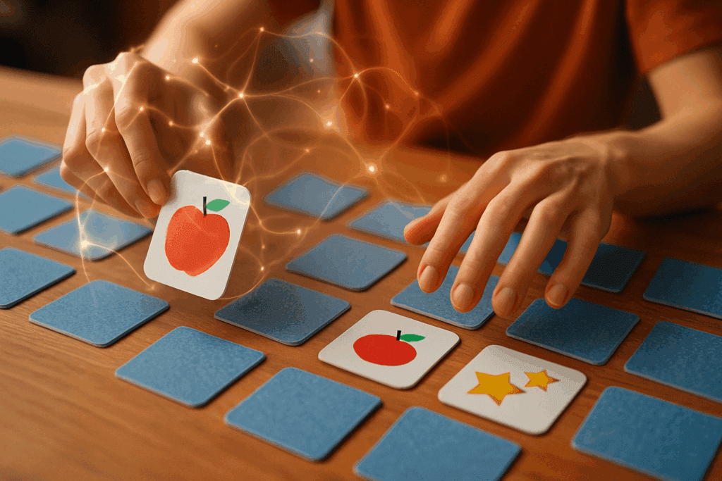 Hands playing a memory card game, with glowing neural connections emphasizing the brain's engagement in memory exercises, illustrating ways to Boost Brain Power Naturally