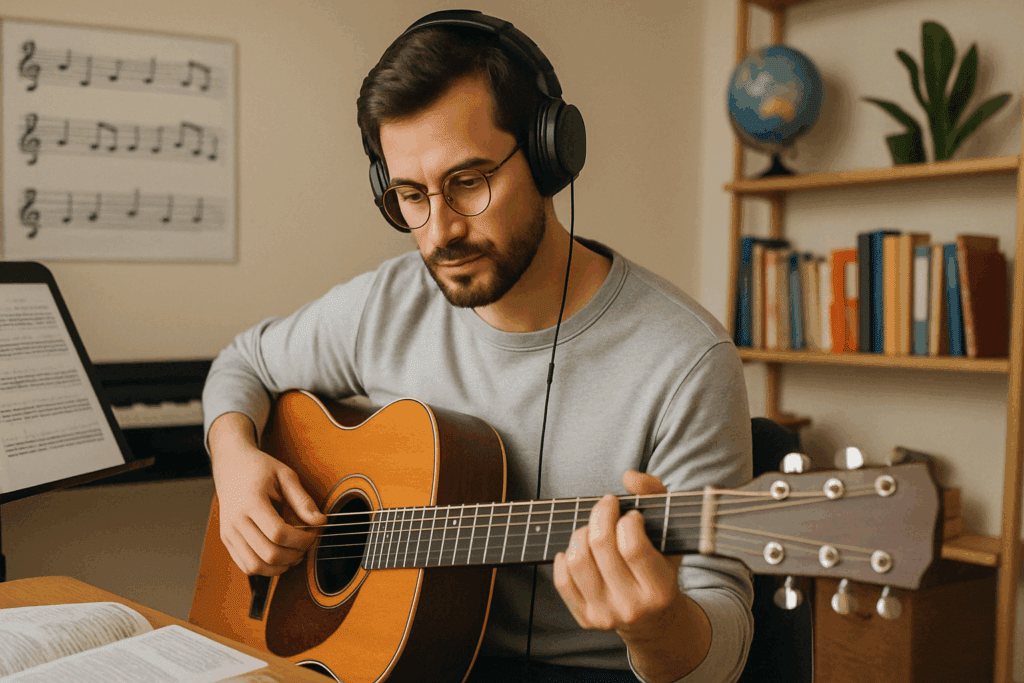 A focused man learning to boost brain power naturally by practicing acoustic guitar in a music studio surrounded by sheet music, books, and instruments.