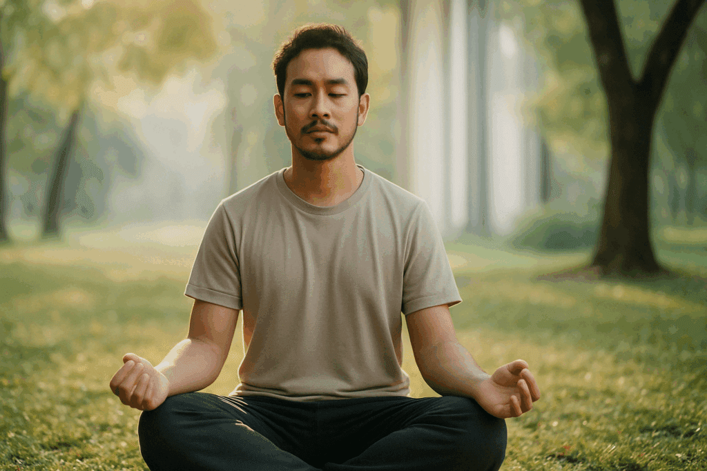 Young man meditating in a serene park, boosting brain power naturally through mindfulness, surrounded by soft sunlight and calm nature