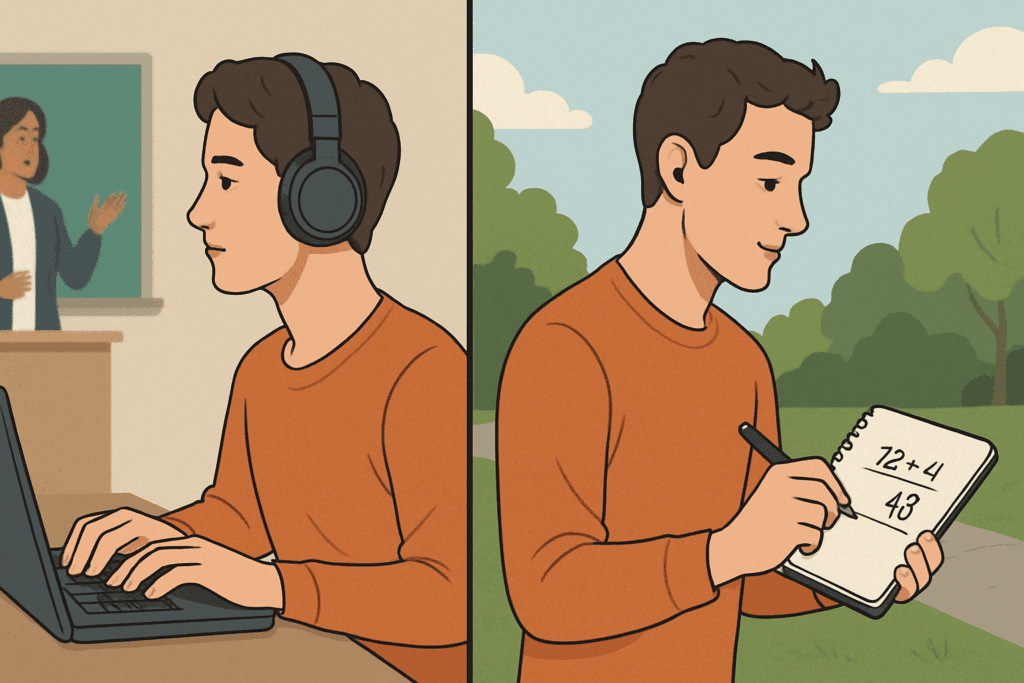 Young man boosting brain power naturally by multitasking, listening to a lecture while taking notes on a laptop, and solving math problems while walking outdoors, demonstrating effective cognitive flexibility and multitasking skills.