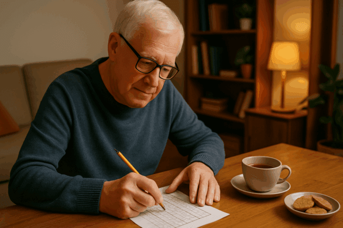Senior man in his 60s or 70s engaged in solving Sudoku puzzle as a cognitive exercise, representing the best memory games for seniors. The cozy setting includes a cup of tea and light snacks, promoting mental stimulation and focus.