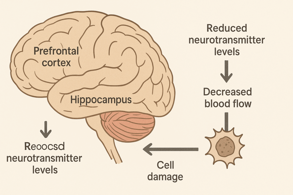 Simple brain diagram showing hippocampus and prefrontal cortex with arrows illustrating aging effects like reduced blood flow and cell damage, related to best memory games for seniors