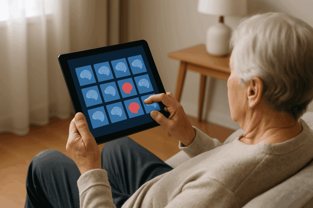 Senior using a tablet to play one of the best memory games for seniors in a bright, comfortable living room.
