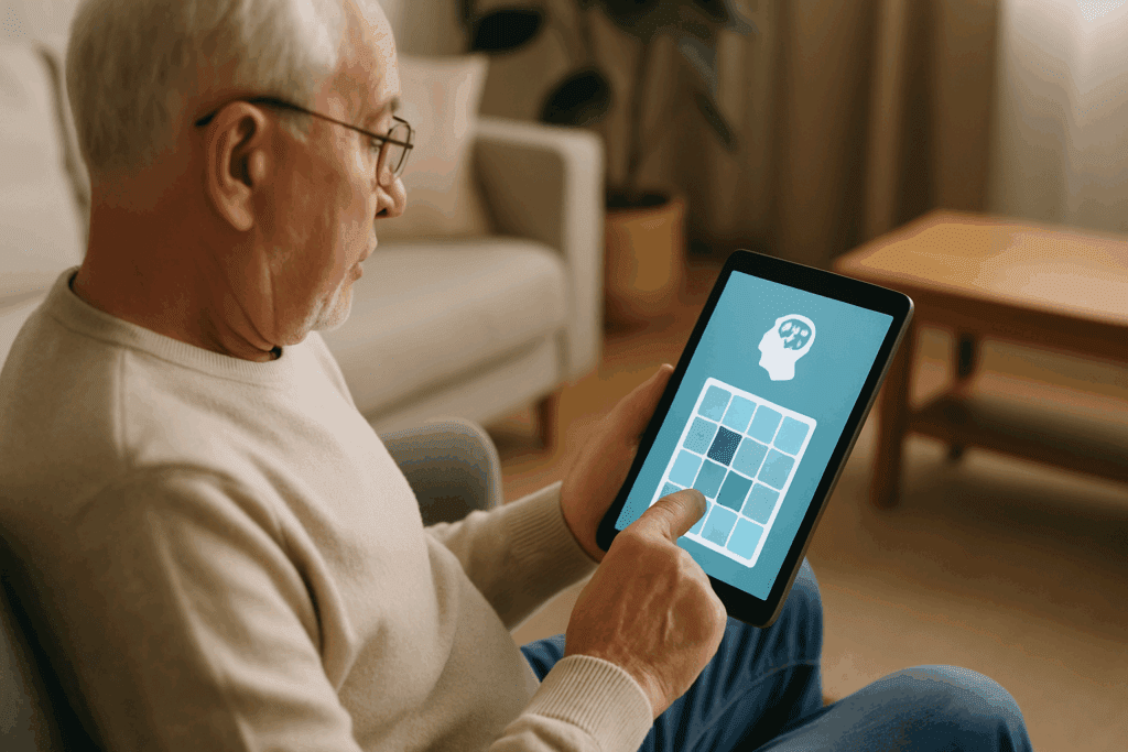 Senior man playing one of the best memory games for seniors on a tablet, focusing on a cognitive puzzle game in a cozy living room setting